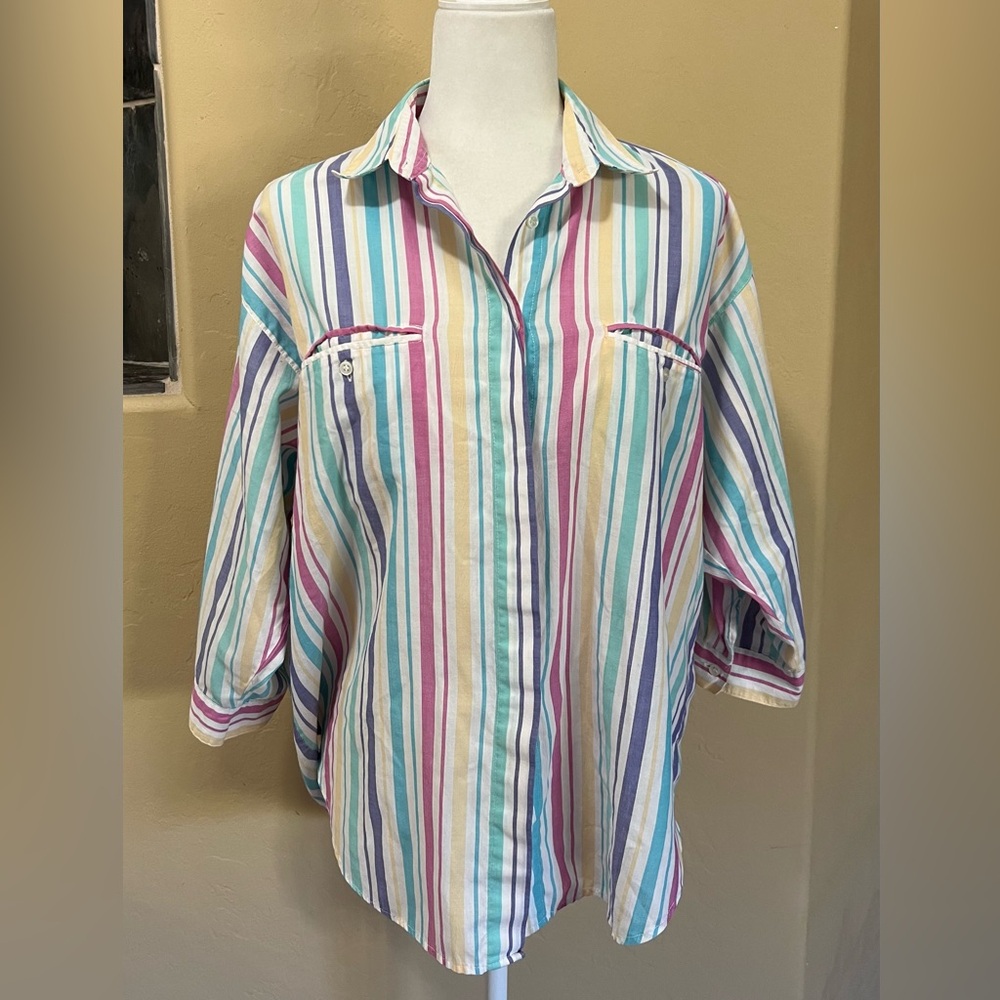 Diane Von Furstenberg Vintage Striped Button Up Quarter Sleeve 80’s Shirt Size M